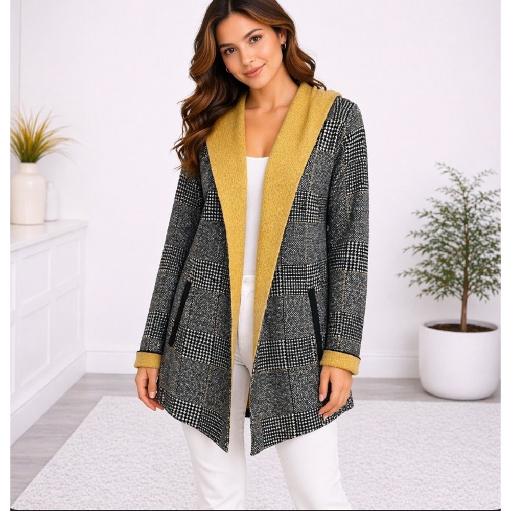 NWT Bartolini Cardigan‎ Sweater Women Small Yellow Black Glen Plaid Hooded Wool
